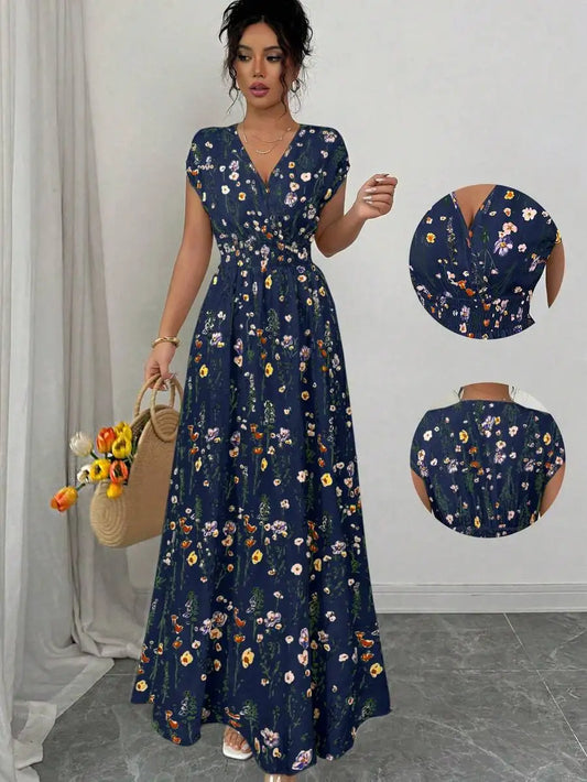 Women's Floral V-Neck Sleeveless Waist Cinched Maxi Dress Navy Blue Floral Summer Boho Holiday Tea Party