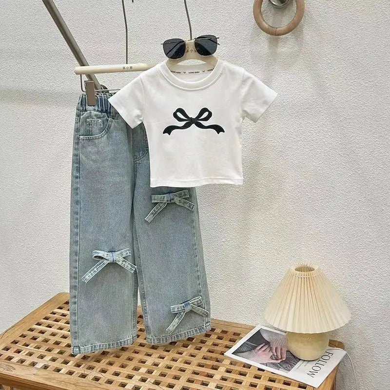 Girls Summer Thin Set Teenage Girls Wide Leg Jeans T-shirt 2-piece Summer Children's Clothing Set