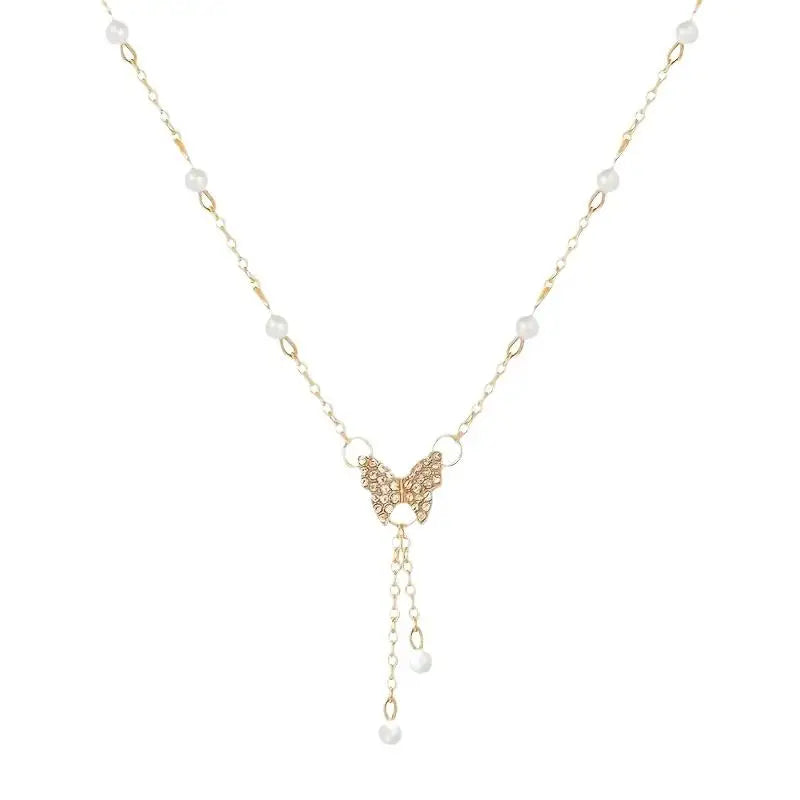 Shiny Pearl Butterfly Necklace Crystal Pendant Collar Chain Necklace Ladies Wedding Party Jewelry Gift