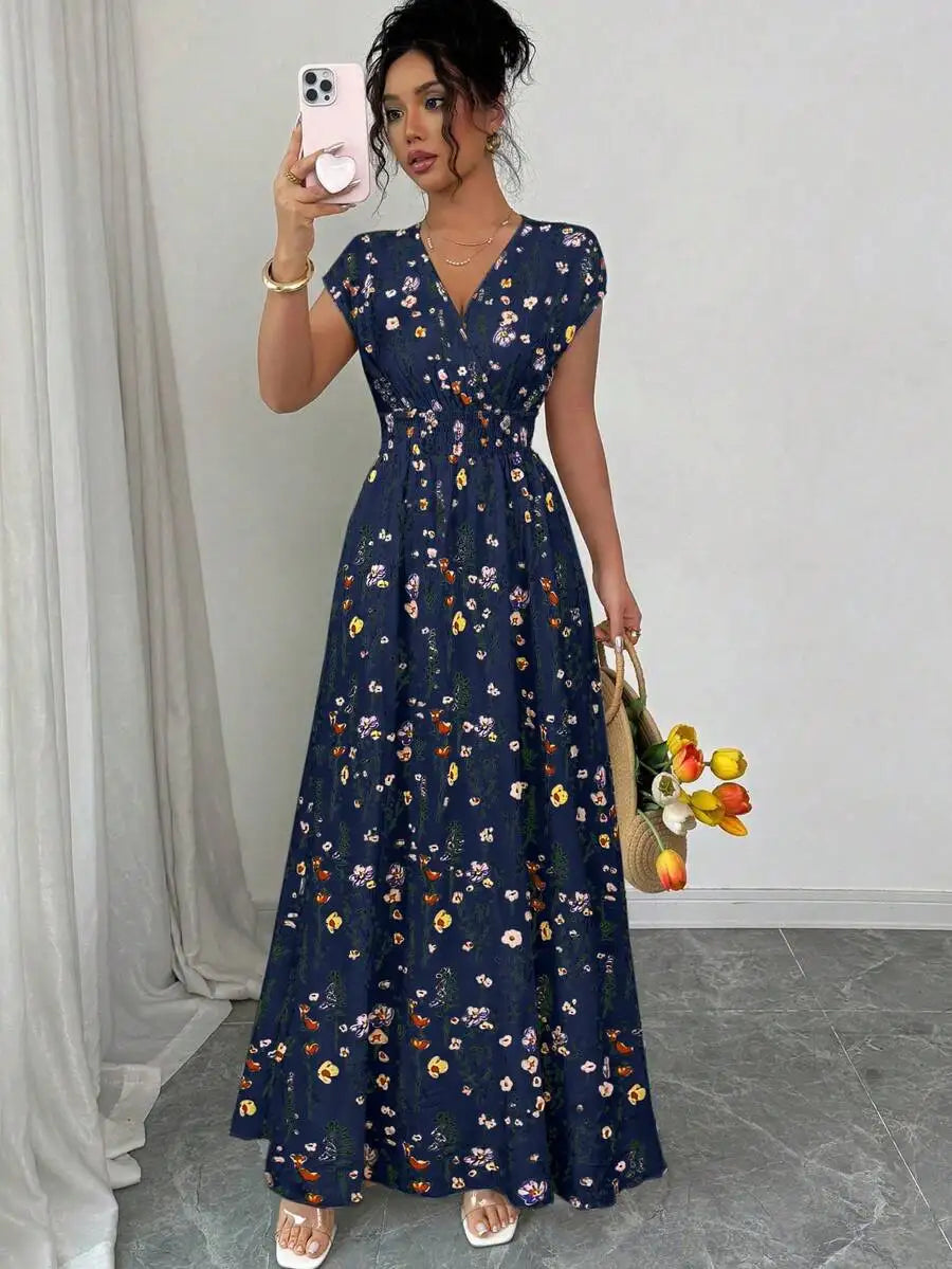Women's Floral V-Neck Sleeveless Waist Cinched Maxi Dress Navy Blue Floral Summer Boho Holiday Tea Party