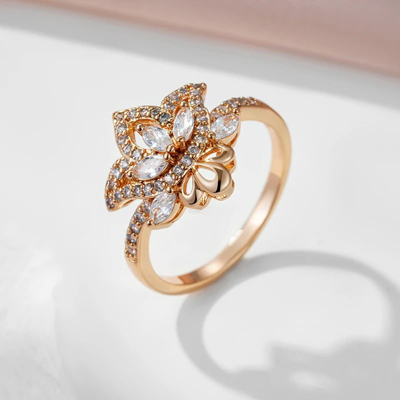 SYOUJYO Shiny Natural Zircon Ring For Women 585 Rose Gold Color Bride Wedding Fine Jewelry Flower Rings Gift