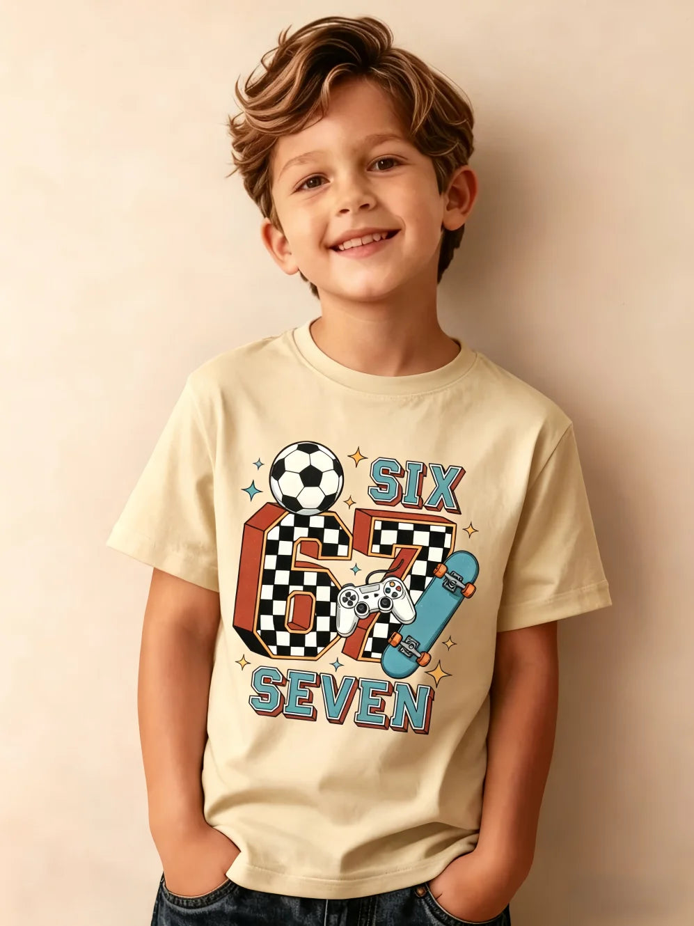 Summer Children's Clothing Fashion 67 Soccer Print Short Sleeve T-Shirt for a Boy Outdoor Street Sports O-Neck Kids Clothes Boys