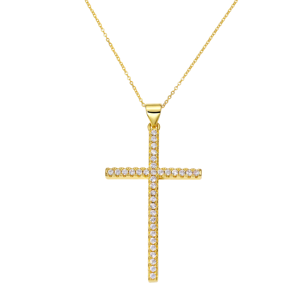 Juya 18K Real Gold Plated Handmade Decoration Cubic Zirconia Enamel Cross Pendant Necklace For Women Christian Jewelry Supplies