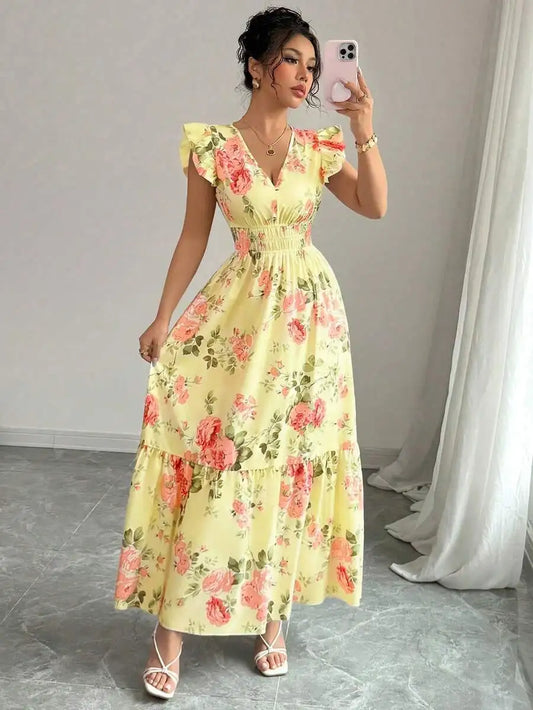 Women Spring Summer Boho Maxi Dress, Pink Yellow Floral Print V Neck Cap Sleeve Elegant Vacation Resort Holiday Outdoor Clothing