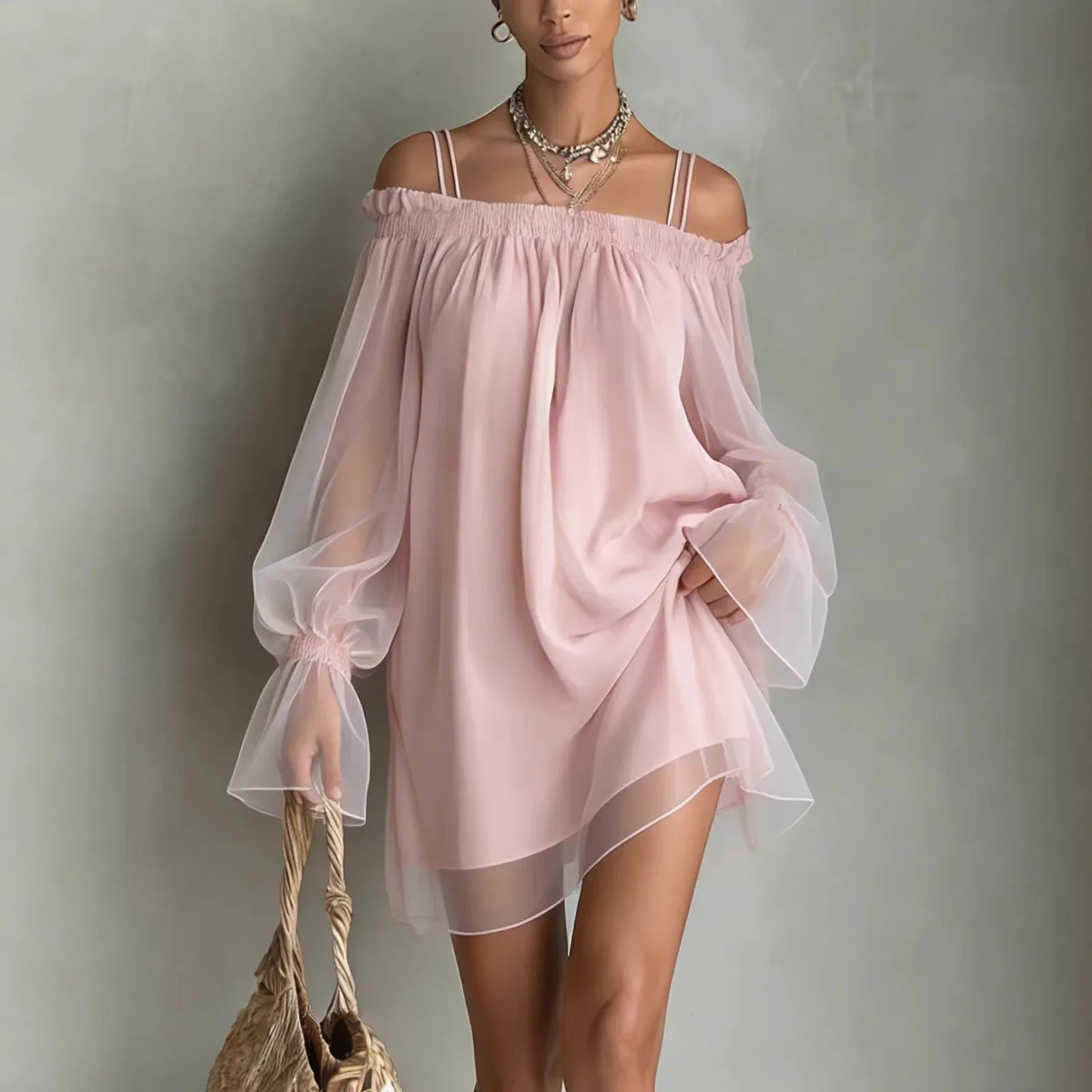 Double Strap Vestidos Off Shoulder Dress Sexy Sweet Vestido Fairy Mini Loose Dresses Summer New Sheer Mesh Long Sleeve Ropa Muje