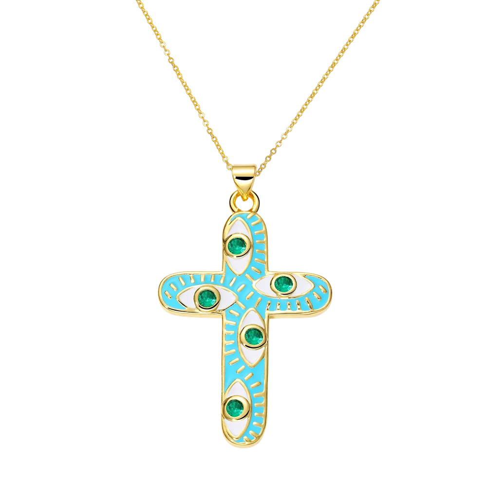 Juya 18K Real Gold Plated Handmade Decoration Cubic Zirconia Enamel Cross Pendant Necklace For Women Christian Jewelry Supplies