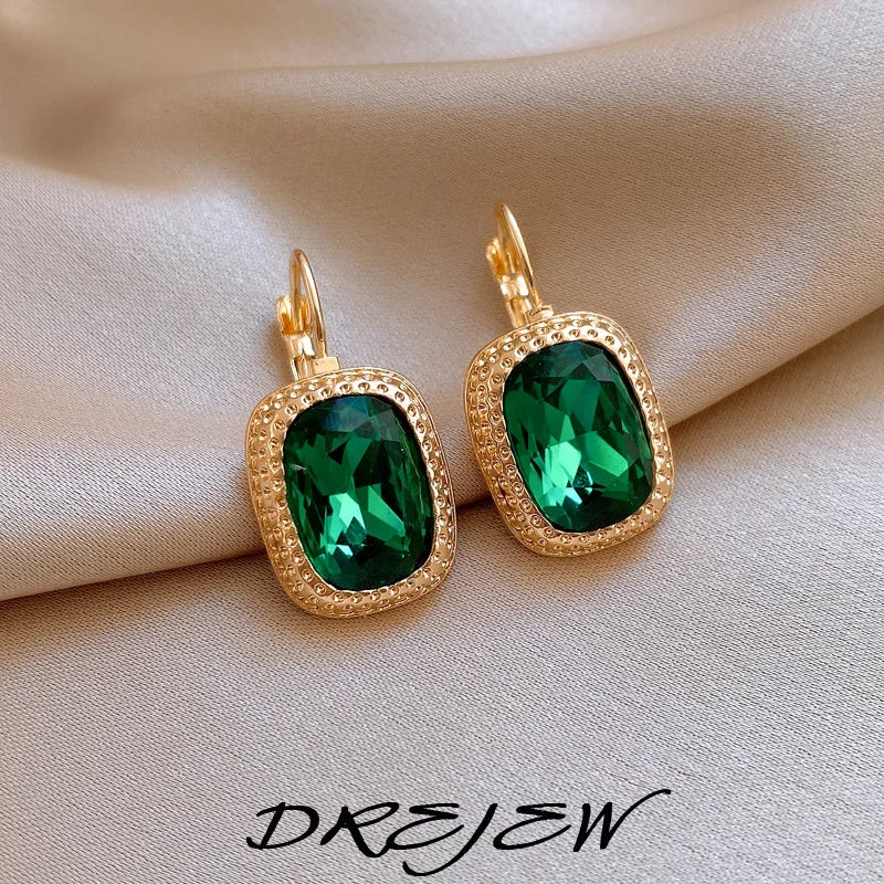 DREJEW Vintage Emerald Rectangular Earrings for Women Temperament Hoop Earring Wedding Bride Accessories Dropshipping