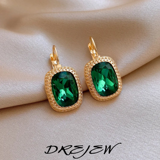 DREJEW Vintage Emerald Rectangular Earrings for Women Temperament Hoop Earring Wedding Bride Accessories Dropshipping