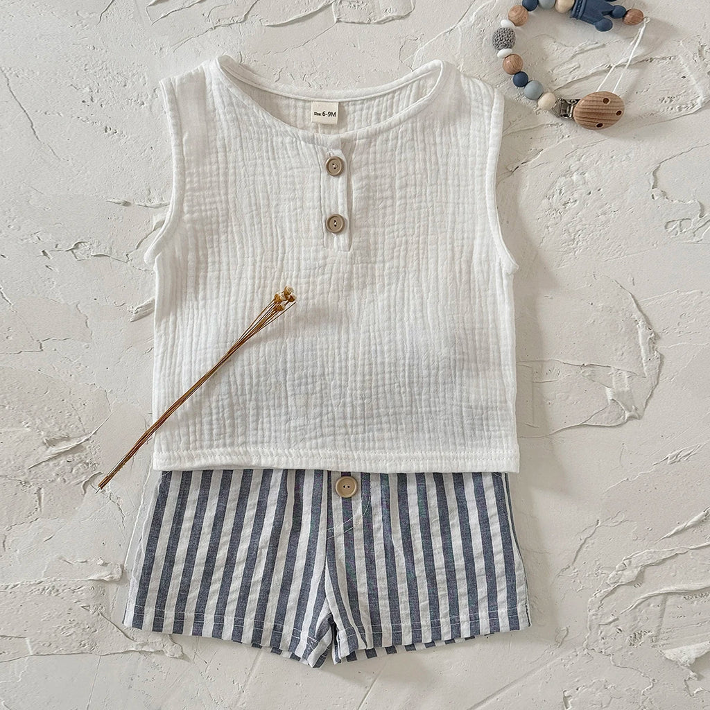 Summer baby clothes  solid color boys striped sleeveless T-shirt Stripe shorts set breathable girls vest  shorts set 0-3Y