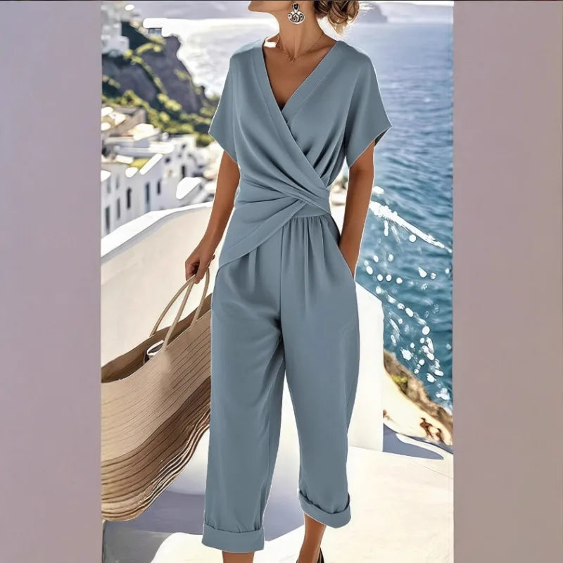 Women's Clothing 2025 Summer New  Fashionable Temperament Elegant Solid Color Irregular Short Sleeved Set New in Matching Sets