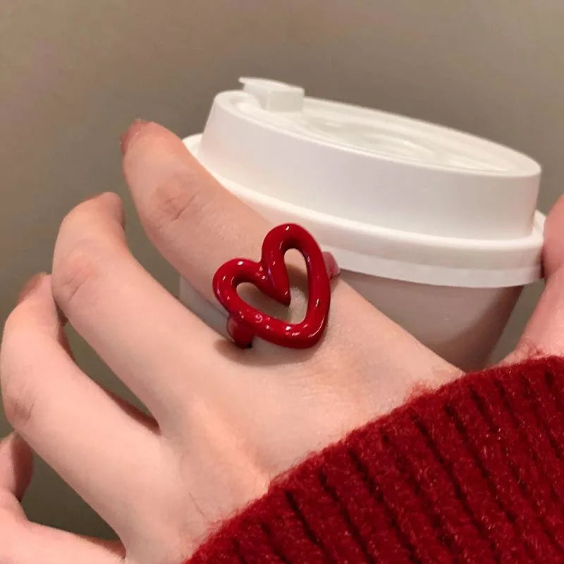 New Trendy Two-color Black Heart Rings For Women Minimalist Aesthetic Drop Of Oil Open Rings Female Metal Punk Party Jewelry
