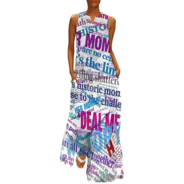 Newspaper Collage Print Dress Women Elegant Maxi Dress Street Style Casual Sleeveless Long Dress Summer V-Neck Pattern Vestidos