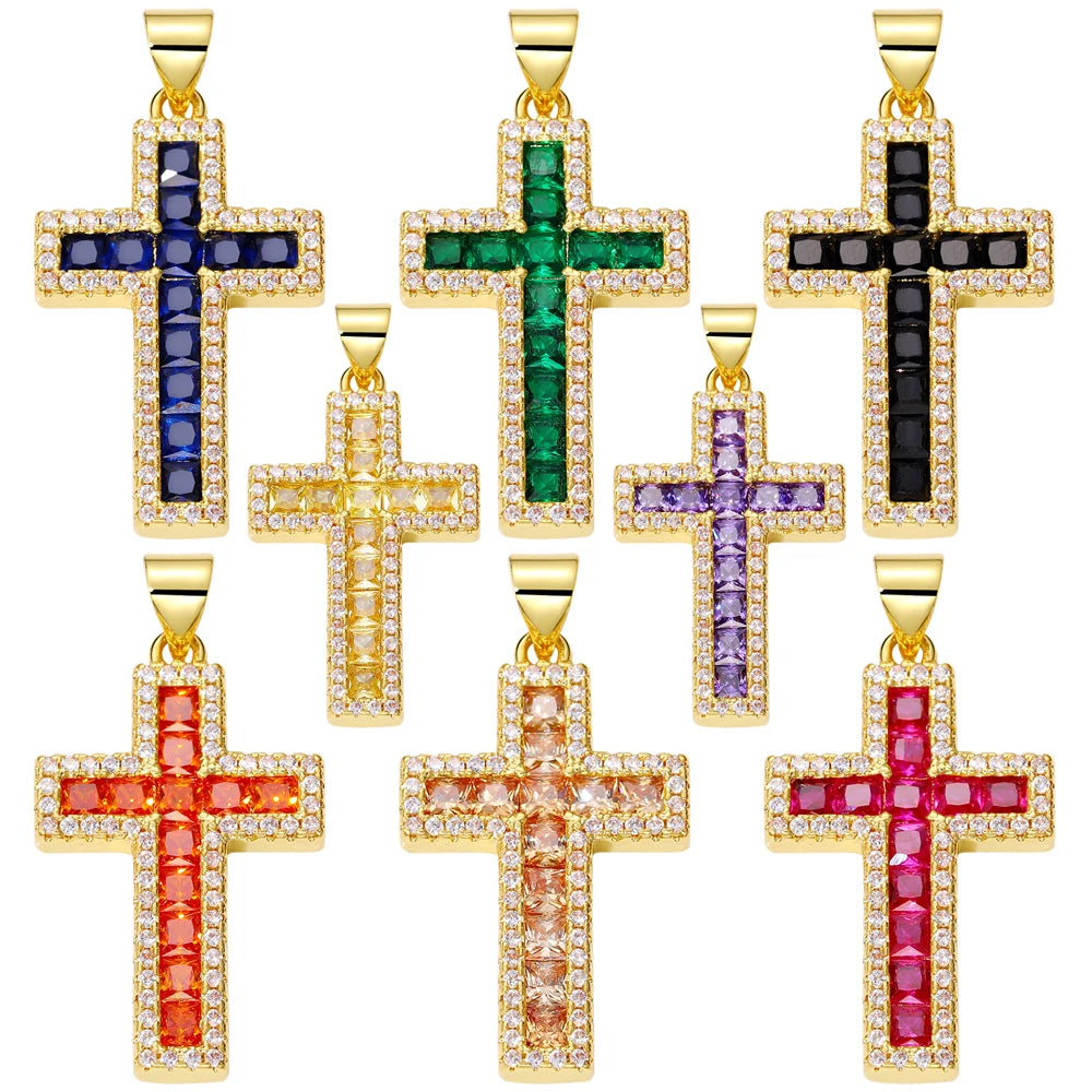 Juya 18K Real Gold Plated Handmade Decoration Cubic Zirconia Enamel Cross Pendant Necklace For Women Christian Jewelry Supplies