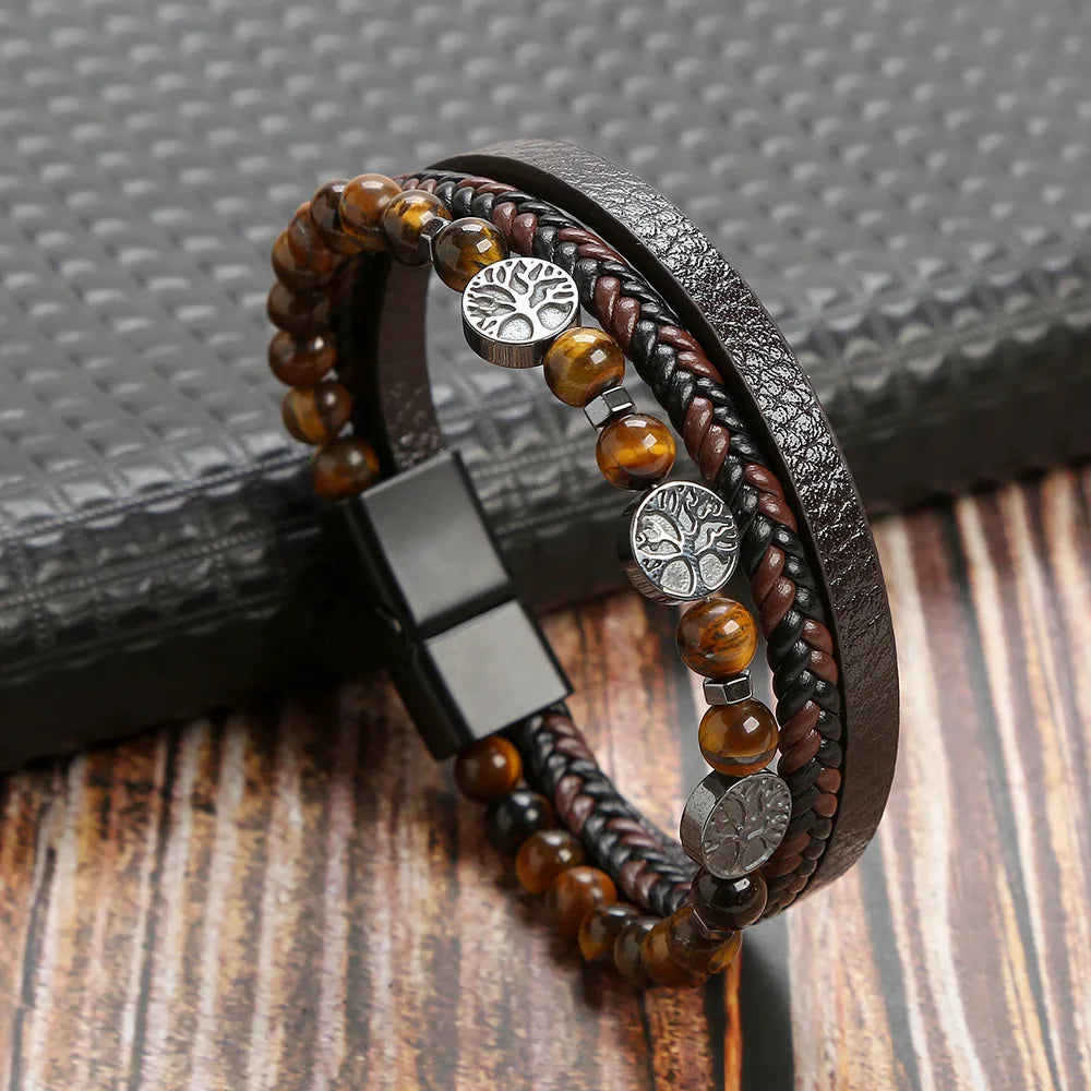 Classic 4-Layer Tiger Eye Stone Hand-Woven Leather Bracelets For Men Punk Fashion Alloy Magnetic Buckle Casual Bracelet Jewelry