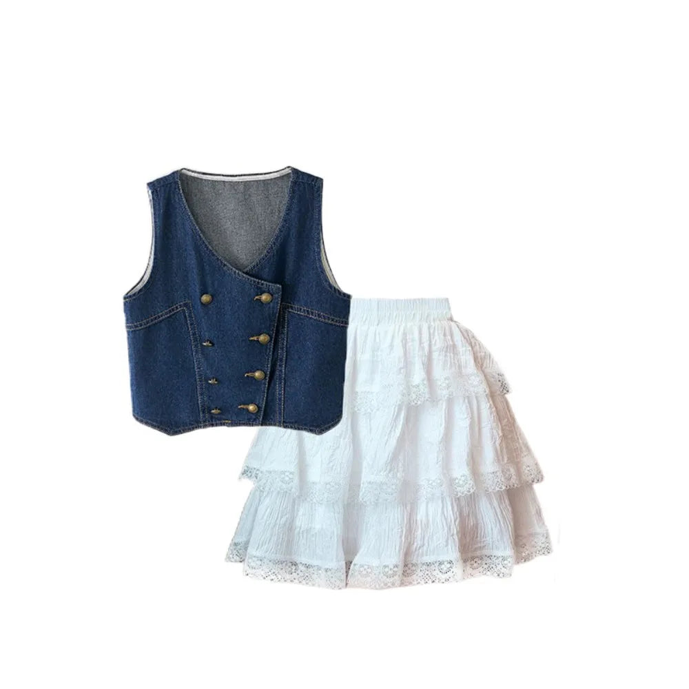 Fashion Cowboy Vest Girls Sweet Clothes Set Lace Children Vest Cake Skirt Set Clothing Loose Teens Two Pieces Suit Spring Summer
