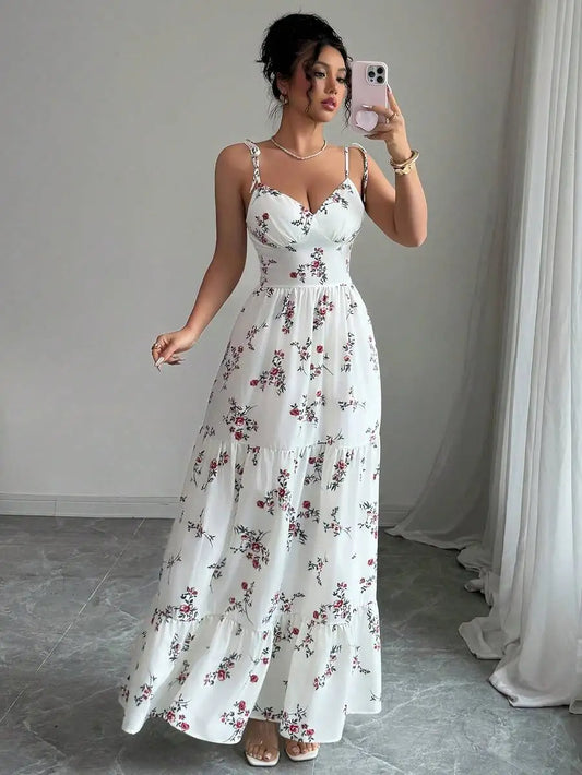 2026 Women's Ditsy Floral Ruffle Hem Sleeveless Dress Vacation Appropriate Casual Maxi Gown for Spring/Summer