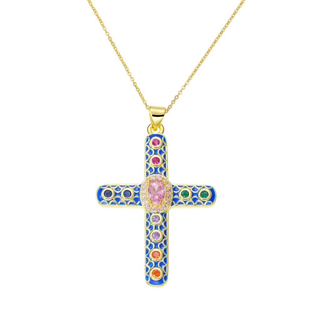 Juya 18K Real Gold Plated Handmade Decoration Cubic Zirconia Enamel Cross Pendant Necklace For Women Christian Jewelry Supplies