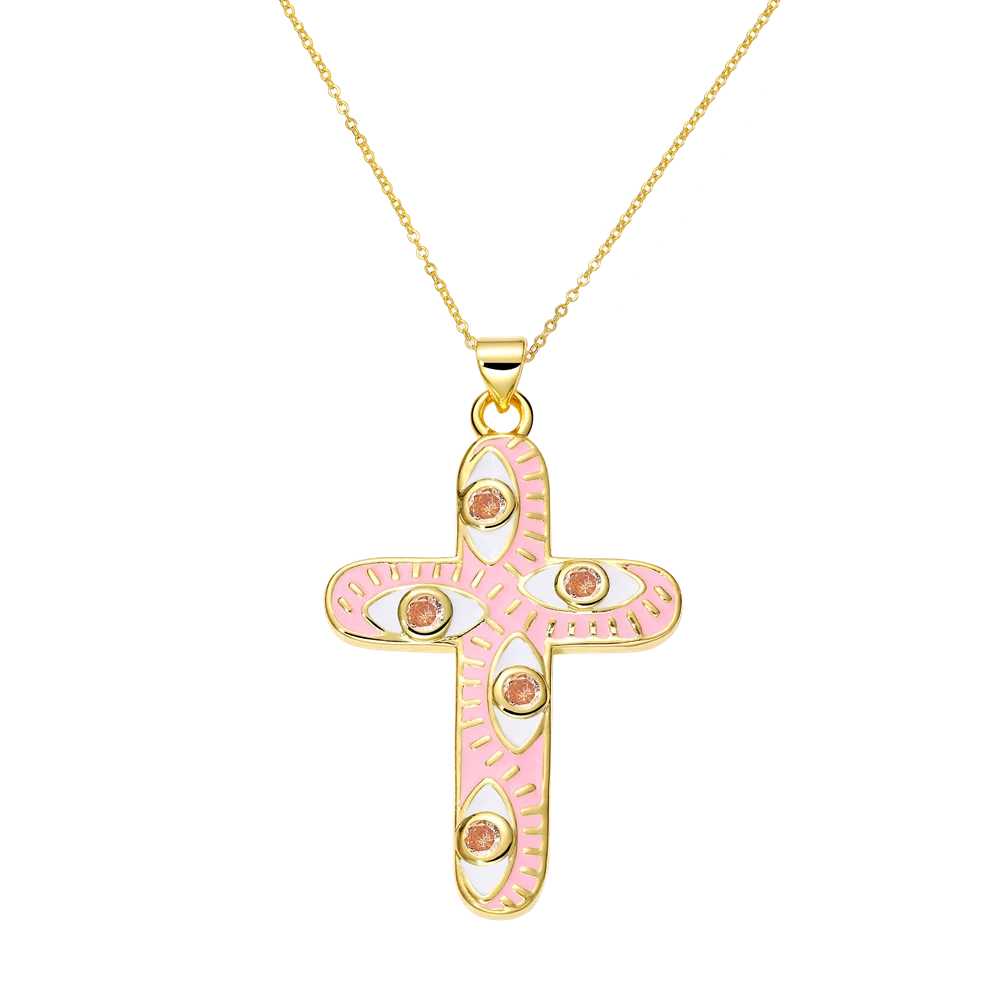 Juya 18K Real Gold Plated Handmade Decoration Cubic Zirconia Enamel Cross Pendant Necklace For Women Christian Jewelry Supplies