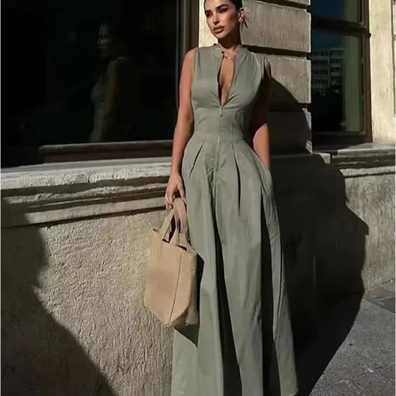 HXAO Female Dress Sleeveless Maxi Dress Women Pleated Zipper Party Dresses Fashion Slim Long Dresses Vacation Casual Dress Woman