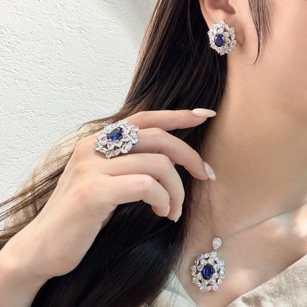 luxury quality jewelry sets brilliantly full diamonds blue earrings silver exquisite flower rings necklace wedding accessories