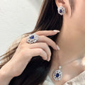 luxury quality jewelry sets brilliantly full diamonds blue earrings silver exquisite flower rings necklace wedding accessories