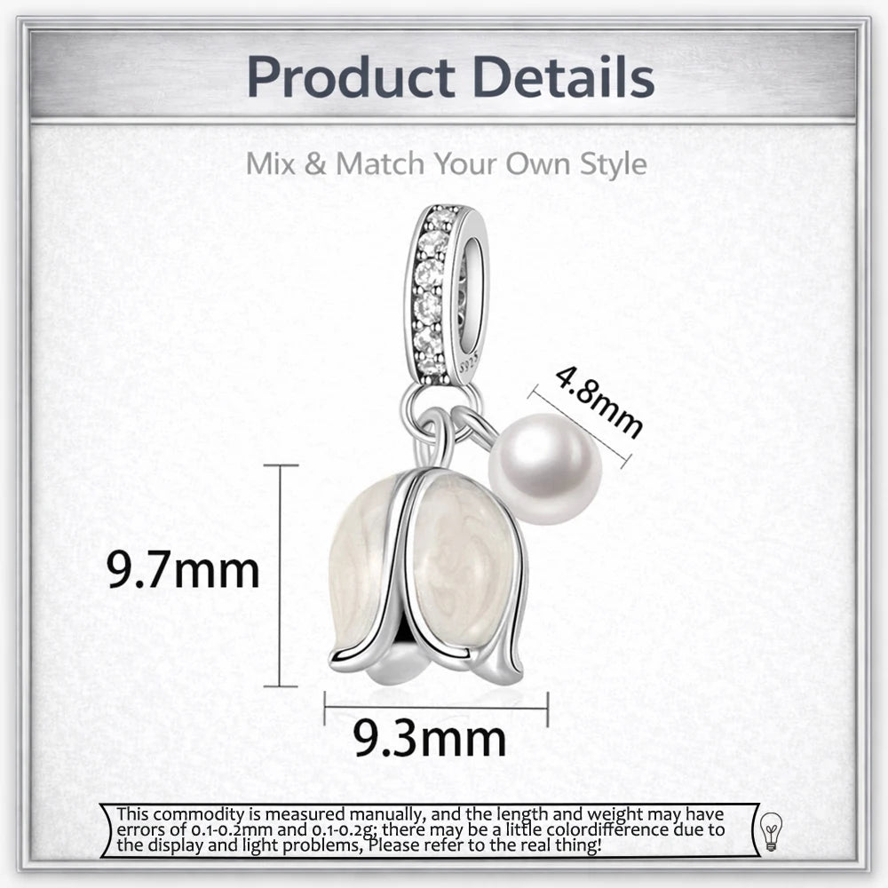 SilJew Original Silver Plated White Lily of the Valley with Pearl Dangle Charm Fit Bracelets & Necklaces Women Jewelry DIY Beads