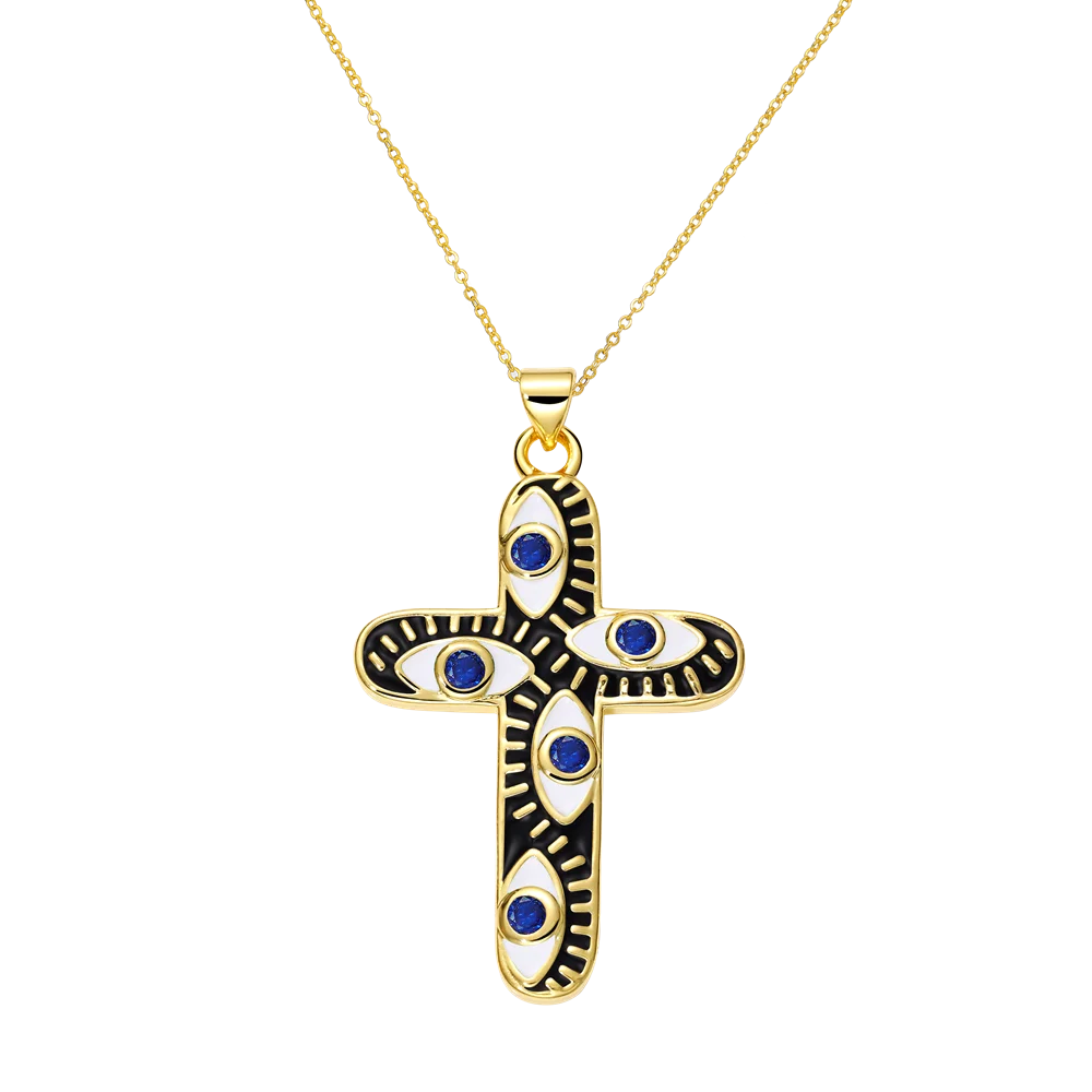 Juya 18K Real Gold Plated Handmade Decoration Cubic Zirconia Enamel Cross Pendant Necklace For Women Christian Jewelry Supplies