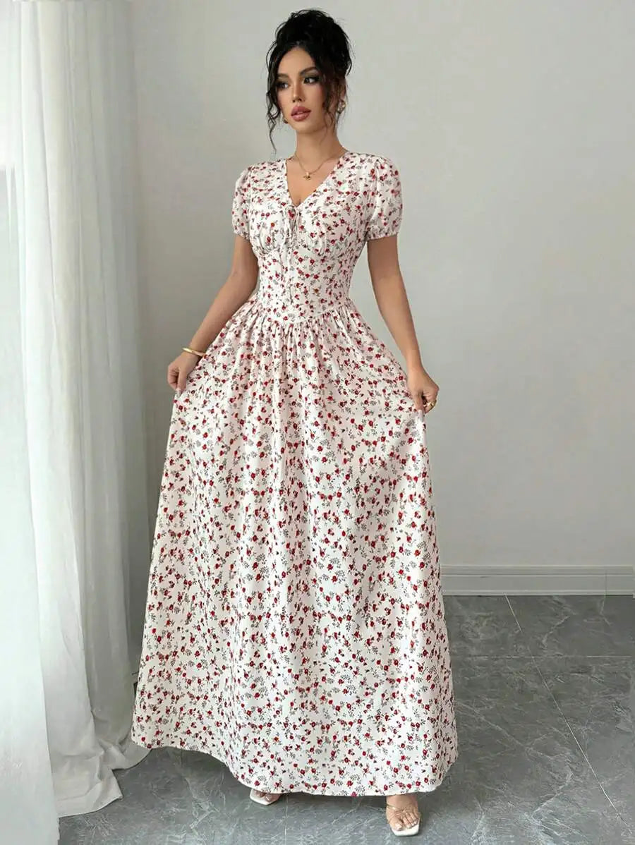 Elegant Women Summer Ditsy Floral Maxi Dress, Elastic Waist Puff Sleeve Beige Pastoral Long Dress, Casual Commute Music Festival