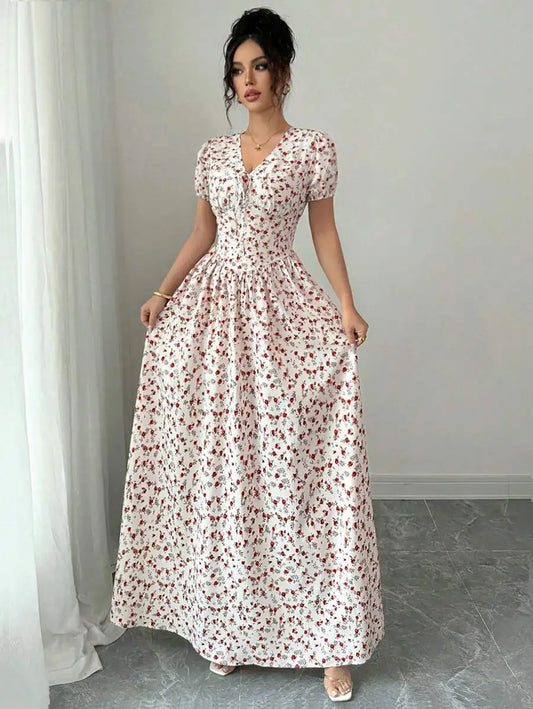 Elegant Women Summer Ditsy Floral Maxi Dress, Elastic Waist Puff Sleeve Beige Pastoral Long Dress, Casual Commute Music Festival