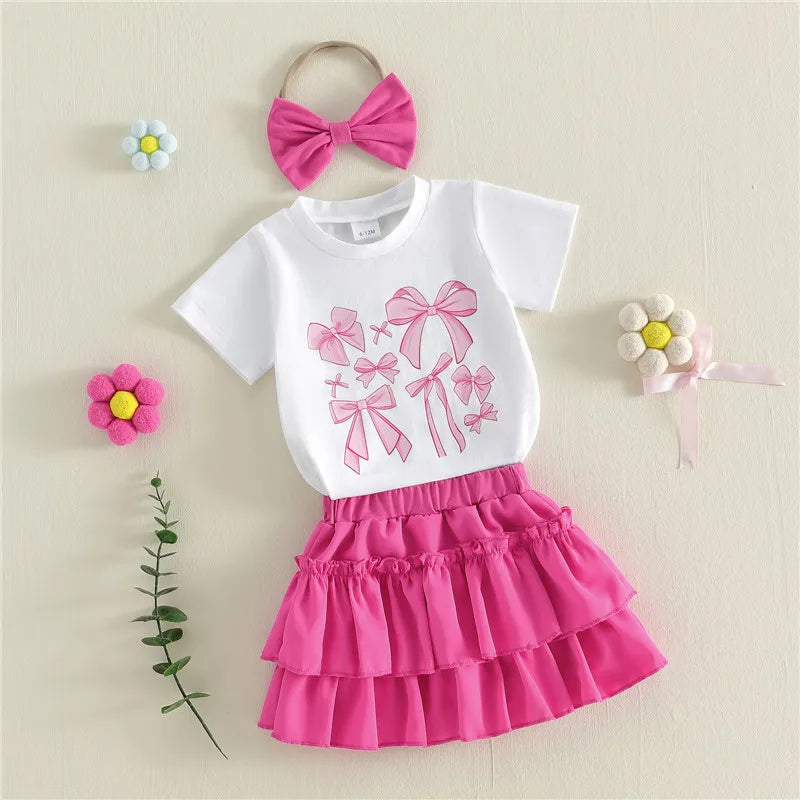 1-4years Infant Girl Summer Outfits Bow Print T-Shirt Riffled Skirt Bow 3 Pcs clothes Set for toddler girls