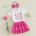 1-4years Infant Girl Summer Outfits Bow Print T-Shirt Riffled Skirt Bow 3 Pcs clothes Set for toddler girls