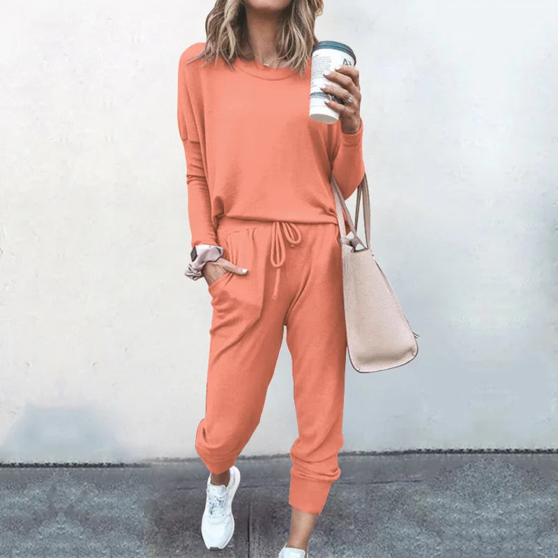 Women Casual Two Piece Outfit Set Long Sleeve Top and Drawstring Pants Loungewear