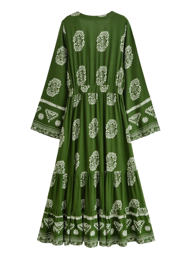Vintage Chic Women Green Wild Floral Long Sleeve Tassel Beach Bohemian Dress Ladies Deep V-neck Autumn Boho Maxi Dress Vestidos