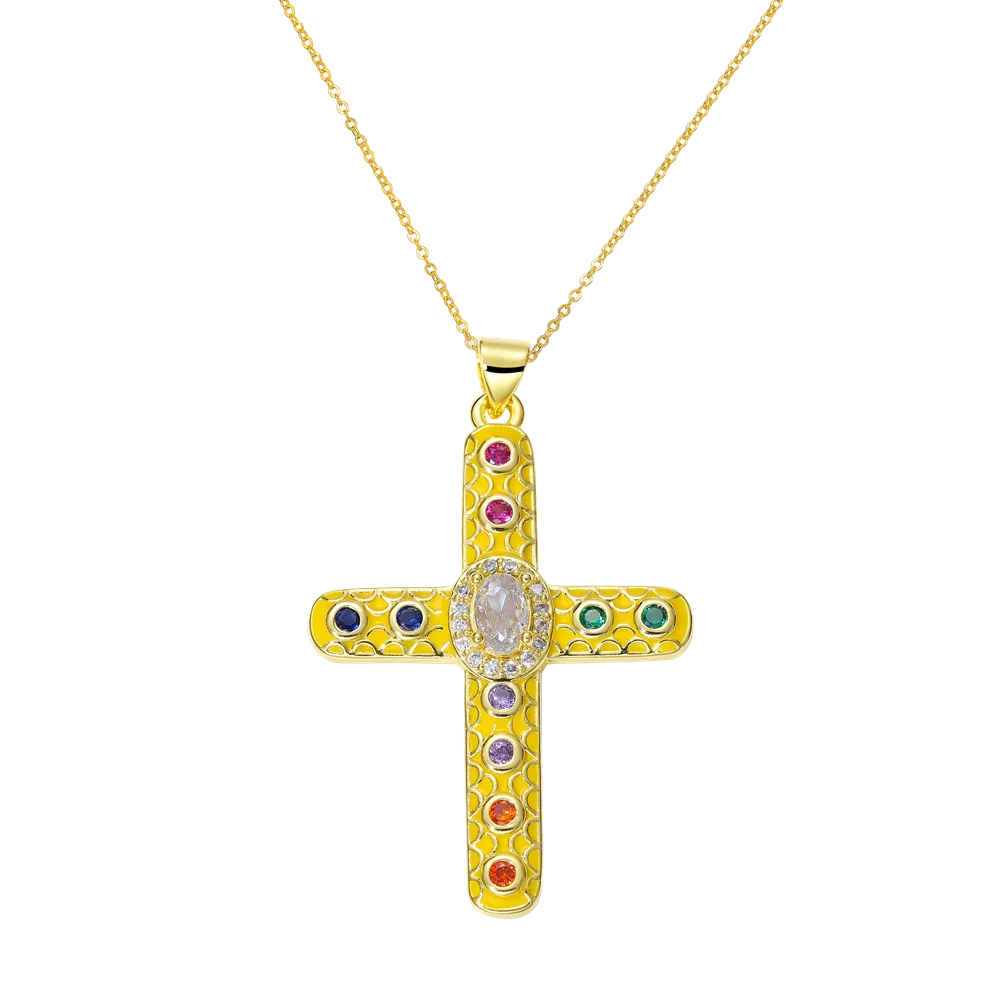 Juya 18K Real Gold Plated Handmade Decoration Cubic Zirconia Enamel Cross Pendant Necklace For Women Christian Jewelry Supplies