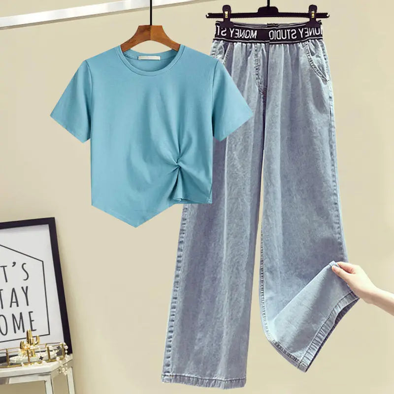 Large Women's 2022 Spring and Summer New Design Sense of Minority T-Shirt Top Thin Wide Leg Jeans Two-piece Suit Women