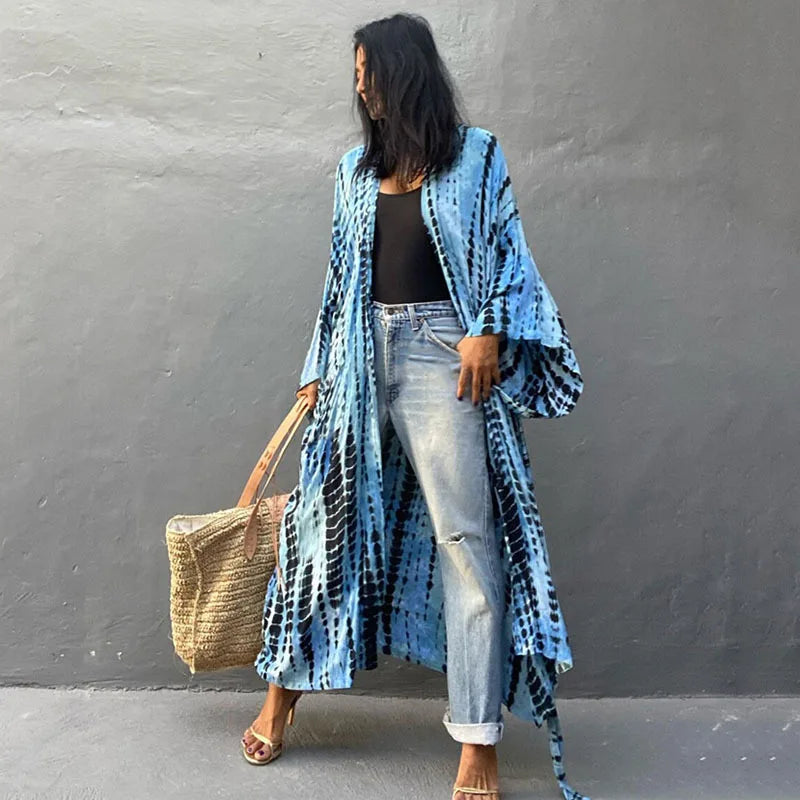 Long Kimono Swimsuit Cover up for Women Stylish Tie Dye Open Front Beach Outfits Bathing Suit