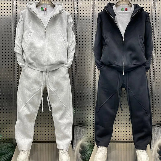 A simple American hooded sweatshirt, cardigan, casual pants set for men, trendy and fashionable style, two loose jackets