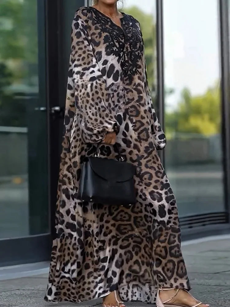 Leopard Patchwork Simple Fashion Party Dress, Women Spring Autumn Lantern Sleeve Maxi Dress, Elegant Print V Neck Ladies Dress