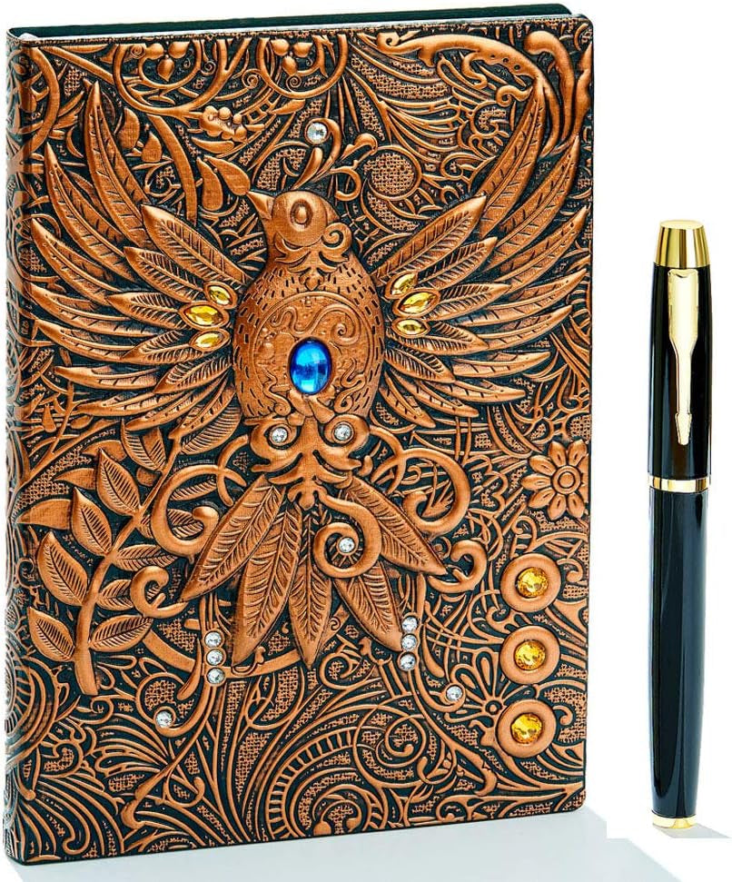 Vintage 3D Embossed Leather Writing Journal with Diamond Pen Set,A5,200Pages,Antique Handmade Daily Notepad Sketchbook,Travel Diary&Notebook to Write In,For Women Men (Train-(Redbronze))