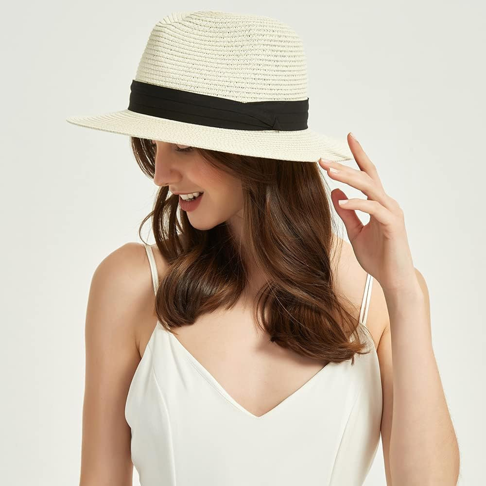 Anycosy Panama Straw Hats for Women Summer Beach Sun Hat Wide Brim Fedora Cap Upf50+(C01-Brown)