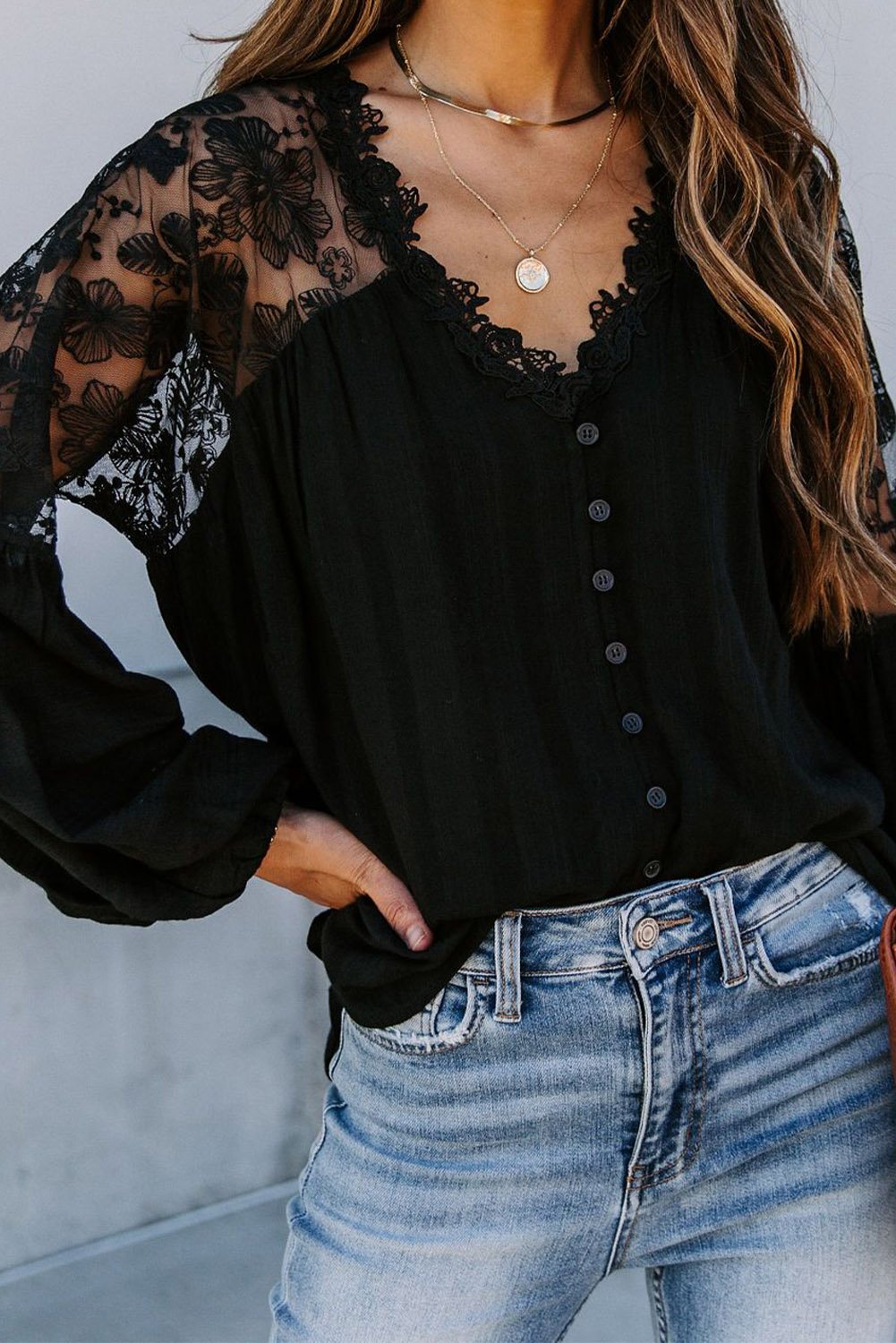 V Neckline Lace Shoulder Blouse