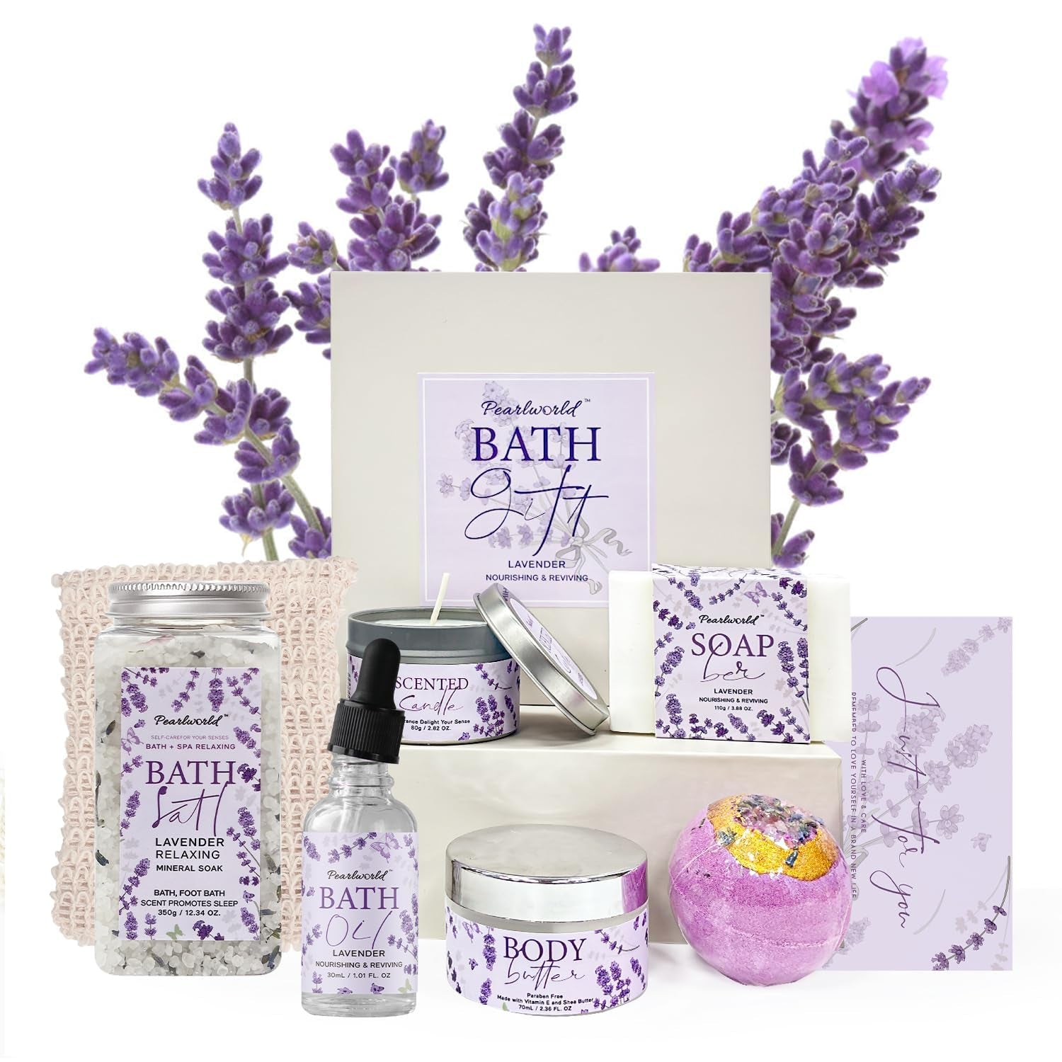 Lavender Spa Set for Women, Bath Set Self Care for Women, Nourishing 7 Piece Home Spa Set, Birthday Gift and a Gift for Mom