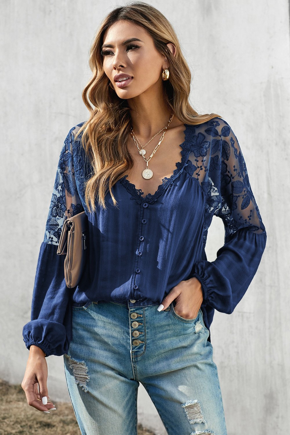 V Neckline Lace Shoulder Blouse
