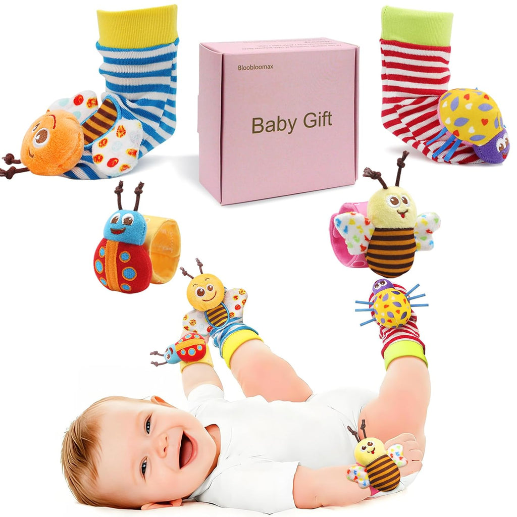 Bloobloomax Wrist Rattle Socks and Foot Finder Set, Infant Girl Boy Toys for Babies 0-36 Months, Newborn Hand & Foot Toys for 0 to 3 Years, Baby Shower Gifts Set