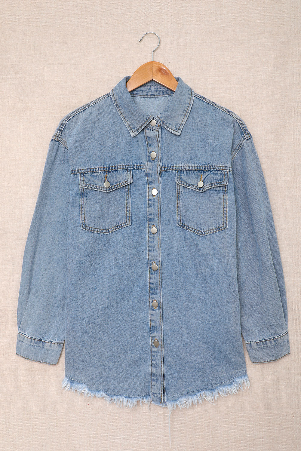 Sky Blue Raw Hem Buttoned Denim Jacket