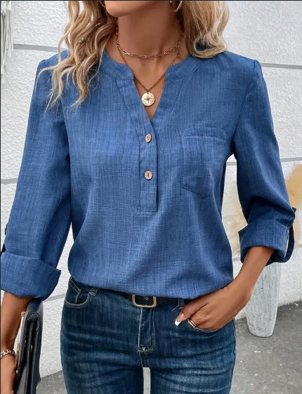 V-Neck  Blouse With Pockets,Elegant And Classic Design,Machine