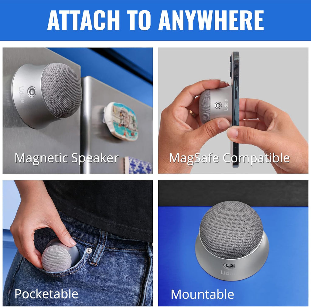 Magnetic Liddle Speaker Silver, Bluetooth 5.1, 3W, 6Hrs Battery, Magsafe Compatible, Wall Mount, Water Resistant, Best of CES 2022 Award