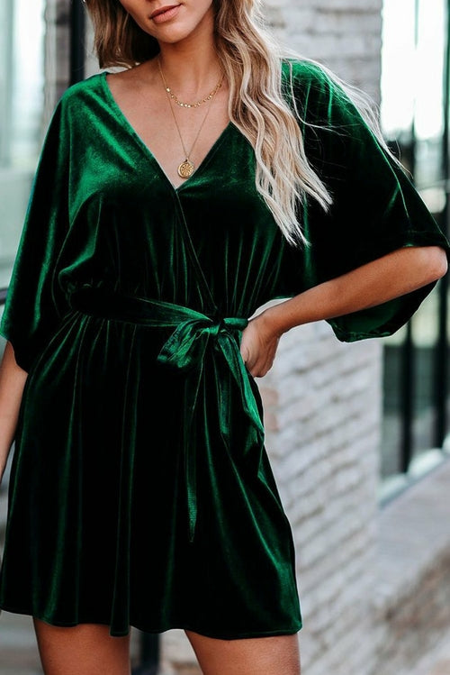 V-neck Half Sleeve Velvet Mini Dress with Belt
