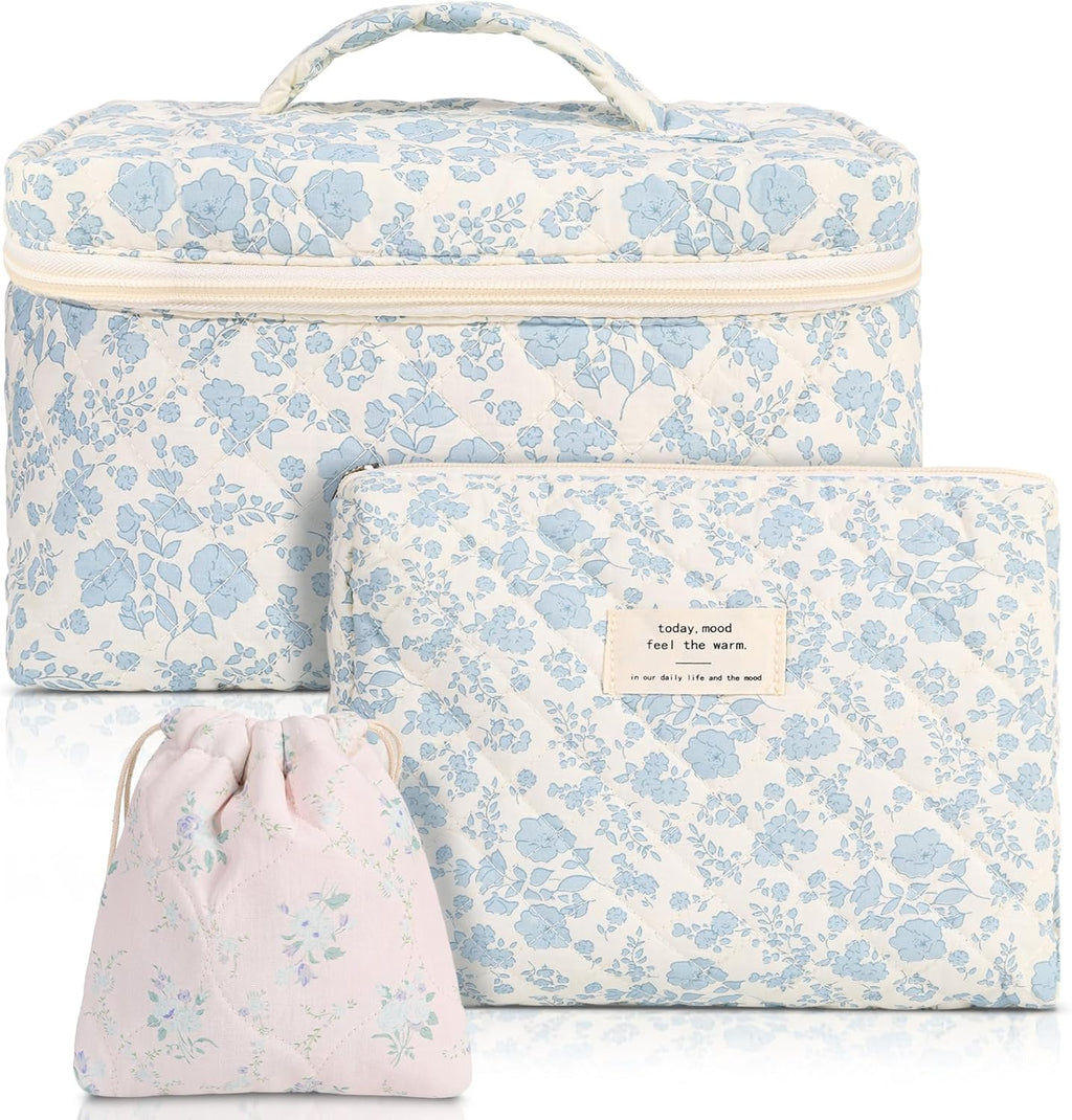 3 Pack Floral Cotton Makeup Bag Set, Large Travel Quilted Makeup Bag,Coquette Aesthetic Toiletry Bag, Large and Medium Cosmetic Bag with Drawstring Bag for Women Girls(Leaves)