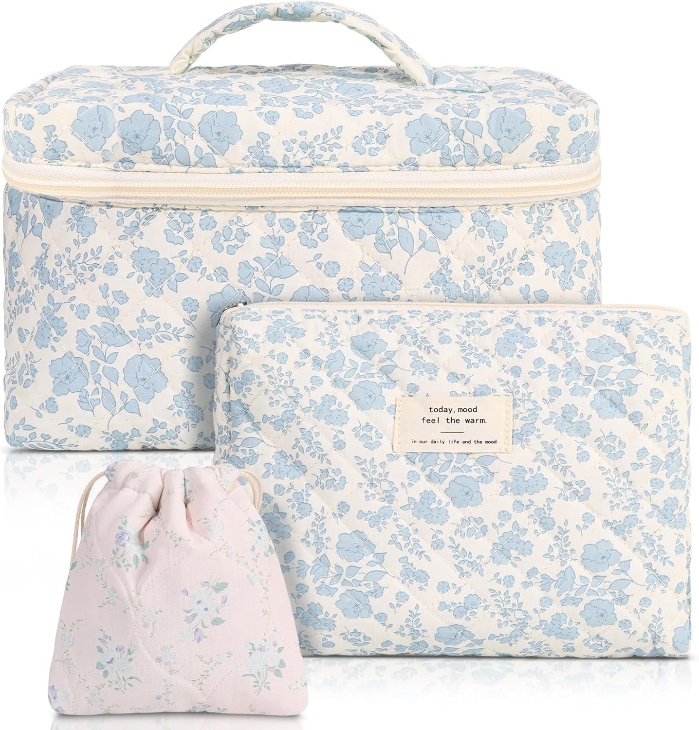 3 Pack Floral Cotton Makeup Bag Set, Large Travel Quilted Makeup Bag,Coquette Aesthetic Toiletry Bag, Large and Medium Cosmetic Bag with Drawstring Bag for Women Girls(Leaves)